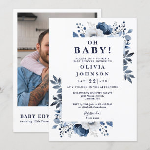 Oh Baby Navy Blaues Blumen-Foto QR Baby Shower-Ein Einladung