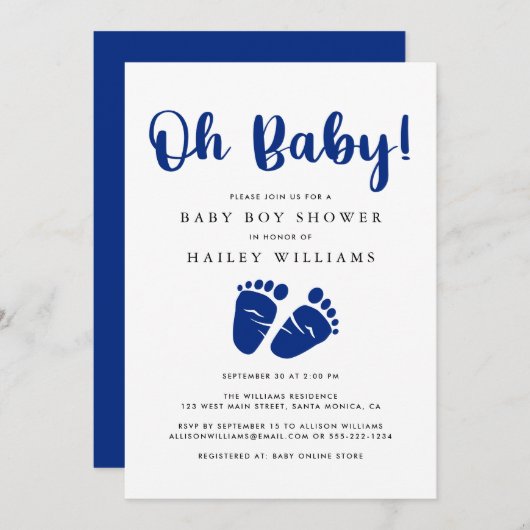 Oh Baby Navy Blue Baby Feet Dusche Einladung (Vorne/Hinten)