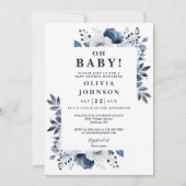 Oh Baby Navy Blue Floral Foto QR Babydusche Einladung (Vorderseite)