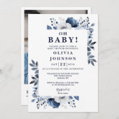 Oh Baby Navy Blue Floral Foto QR Babydusche Einladung (Vorne/Hinten)