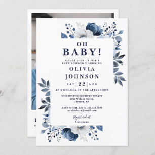 Oh Baby Navy Blue Floral Foto QR Babydusche Einladung