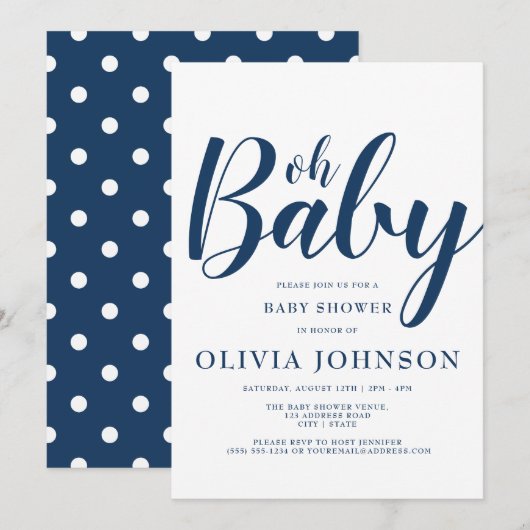 Oh Baby - Navy Blue Polka Dot Baby Shower Einladung (Vorne/Hinten)