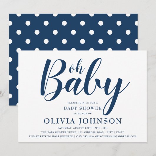 Oh Baby - Navy Blue Polka Dot Baby Shower Einladung (Vorne/Hinten)