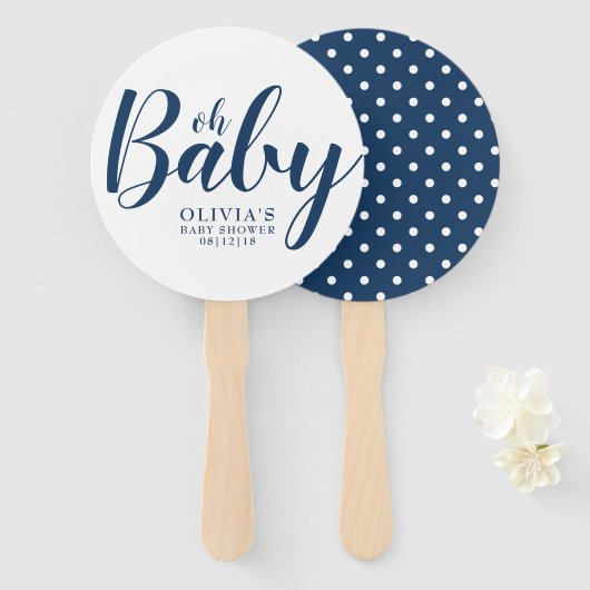 Oh Baby - Navy Blue Polka Dot Baby Shower Fächer (Vorne und Hinten)
