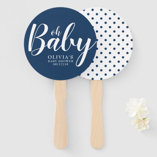 Oh Baby - Navy Blue Polka Dot Baby Shower Fächer (Vorne und Hinten)