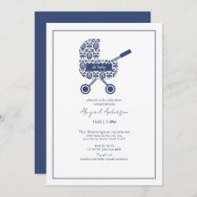 Oh Baby Navy Damask Pram Kinderdusche Einladung