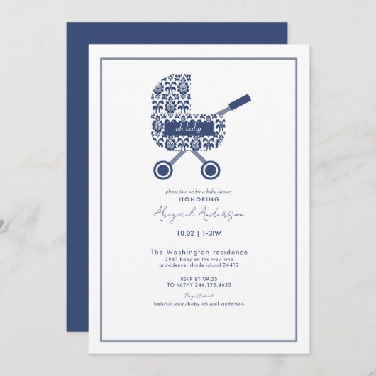 Oh Baby Navy Damask Pram Kinderdusche Einladung (Vorne/Hinten)