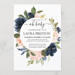 Oh Baby Navy und Blush Pink Script Babydusche Einladung