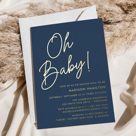 Oh Baby Navy und Gold Script Baby Dusche Folieneinladung