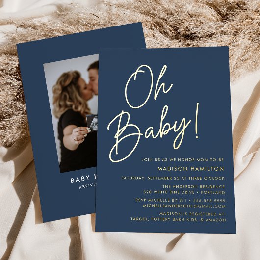 Oh Baby Navy und Gold Script Foto Baby Dusche Folieneinladung