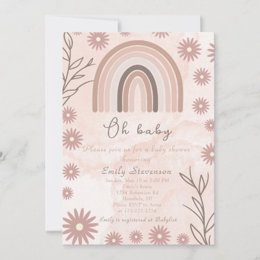 Oh Baby Neutral Rainbow Baby Shower Boho Floral Einladung (Vorderseite)