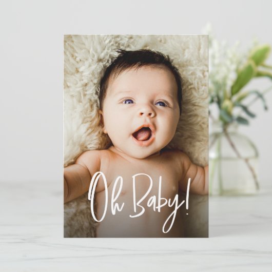 Oh Baby Newborn Photo Modern Script Shower Dankeskarte (Stehend Vorderseite)
