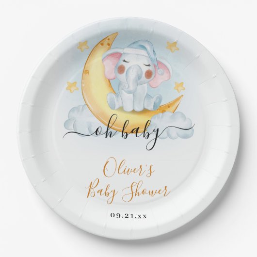 Oh Baby Niedlich Elephant Aquarell Babydusche Pappteller (Vorderseite)