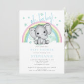 Oh Baby Niedlich Elephant Rainbow Blue Baby Dusche Einladung (Stehend Vorderseite)