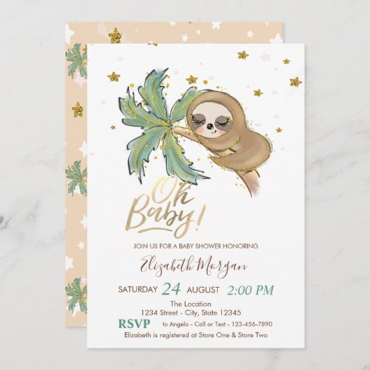 Oh Baby Niedlich Sleeping Sloth Baby Dusche Einladung (Vorne/Hinten)