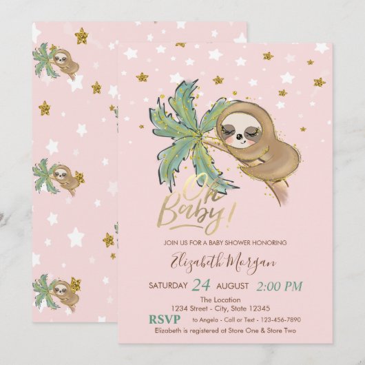 Oh Baby Niedlich Sleeping Sloth Stars Baby Dusche Einladung (Vorne/Hinten)