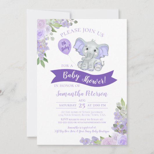 Oh, Baby! Niedlicher Elefant Lila Blumenspülung Einladung (Vorderseite)
