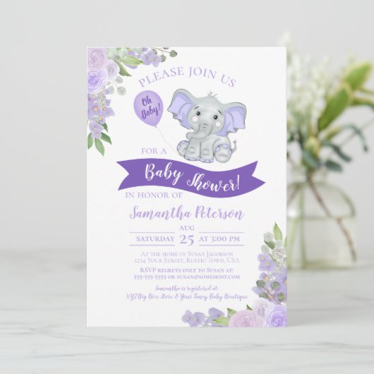 Oh, Baby! Niedlicher Elefant Lila Blumenspülung Einladung (Stehend Vorderseite)