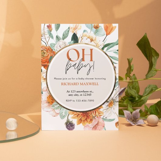 Oh Baby Orange Floral und Gold Baby Dusche Einladung