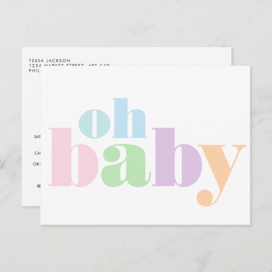 Oh Baby Pastel Typografie Virtual Baby Dusche Einladungspostkarte (Vorne/Hinten)