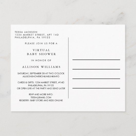 Oh Baby Pastel Typografie Virtual Baby Dusche Einladungspostkarte (Rückseite)