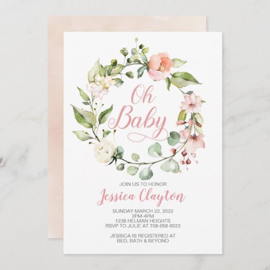 Oh Baby Peach Floral Baby Dusche Einladung (Vorne/Hinten)