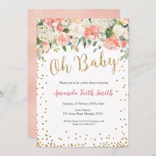 Oh Baby Peach Floral Baby Dusche Einladung (Vorne/Hinten)