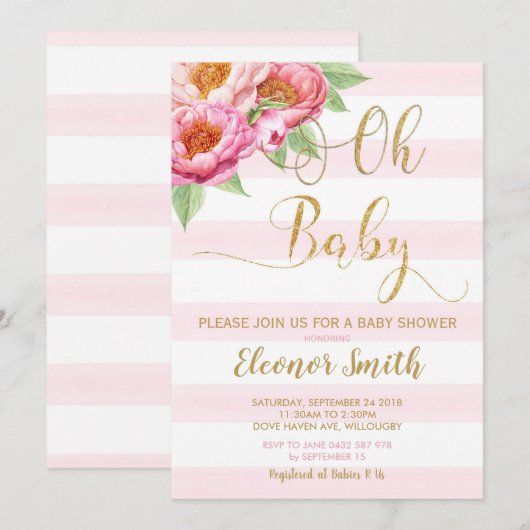 Oh Baby Peony Floral Baby Dusche Einladung Mädchen (Vorne/Hinten)