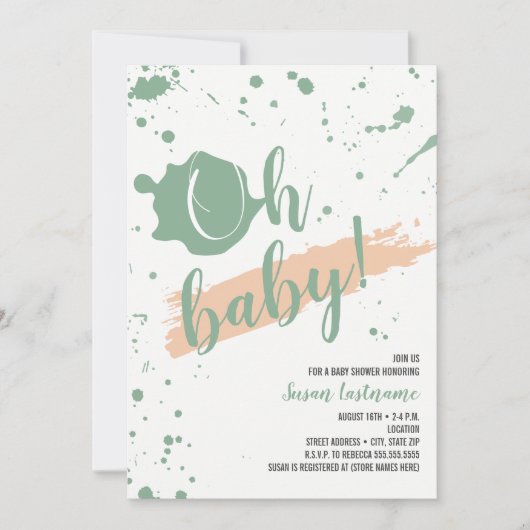 Oh Baby-Pfirsich und grüne Mädchen-Babyparty Einladung (Vorderseite)