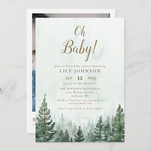Oh Baby Pine Tree Forest Baby Shower Foto QR Code Einladung (Vorne/Hinten)