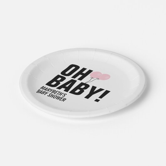 Oh Baby Pink Balloon Baby Shower Paper Plate Pappteller (Schrägansicht)