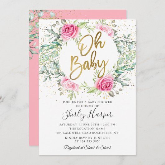 Oh Baby Pink Blumengrün Glitzer Babydusche Einladung (Vorne/Hinten)