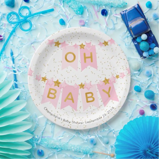 Oh Baby Pink Bunting Flags Babydusche Pappteller (Party)