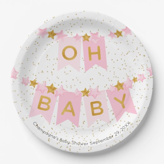 Oh Baby Pink Bunting Flags Babydusche Pappteller (Vorderseite)