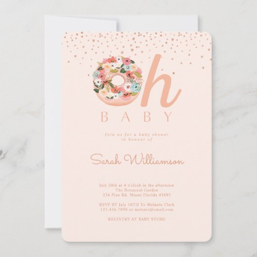 Oh Baby Pink Floral Botanical Donut Babydusche Einladung (Vorderseite)