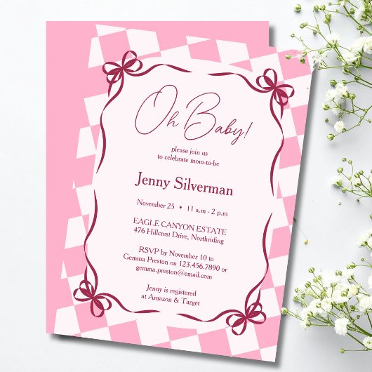 Oh Baby Pink Gingham Bows Baby Shower Einladung