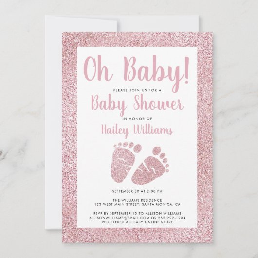 Oh Baby Pink Glitzer Baby Feet Baby Girl Dusche Einladung (Vorderseite)