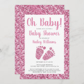 Oh Baby Pink Glitzer Baby Feet Babydusche Einladung (Vorne/Hinten)