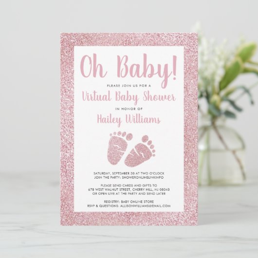 Oh Baby Pink Glitzer Baby Feet Virtual Baby Dusche Einladung (Stehend Vorderseite)
