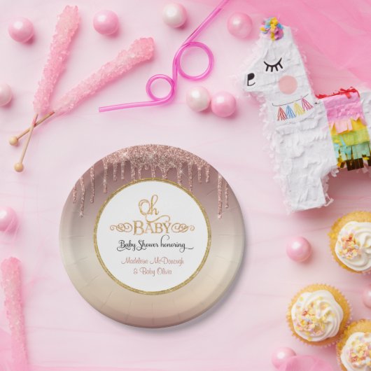 OH BABY Pink Glitzer Tropfen Typografie Kinderdusc Pappteller (Party)