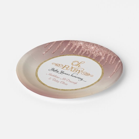 OH BABY Pink Glitzer Tropfen Typografie Kinderdusc Pappteller (Schrägansicht)