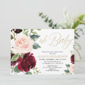 Oh Baby Pink goldene Bordeaux Blumendusche Einladung (Stehend Vorderseite)