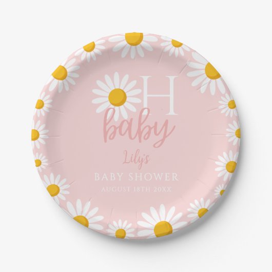 Oh Baby Pink Modern Daisy Baby Dusche Pappteller (Vorderseite)