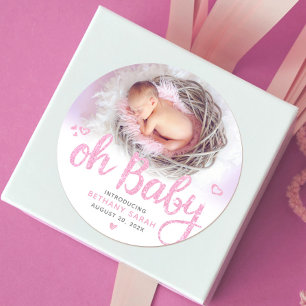 Oh Baby Pink Modern Sweet Girl Birth Foto Chic Runder Aufkleber