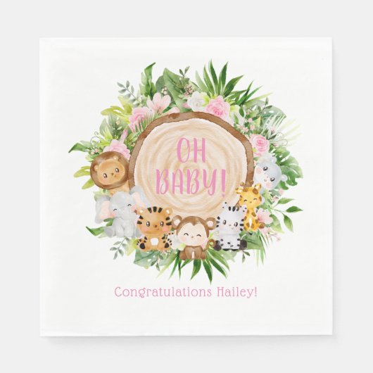 Oh Baby Pink Safari Jungle Watercolor Babydusche Serviette (Vorderseite)