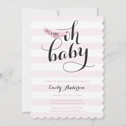 Oh Baby Pink Stripes Baby Dusche einladen Einladung (Vorderseite)