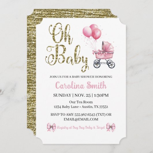 Oh Baby Pink Stroller Gold Glitzer Babydusche Einladung (Vorne/Hinten)