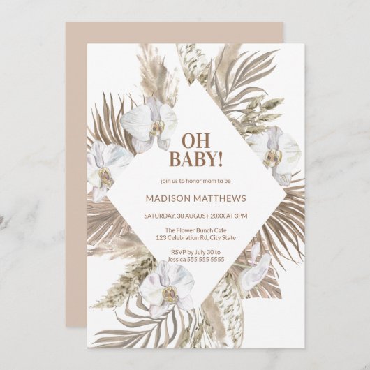 Oh Baby Pink & Tan Boho Floral Baby Dusche Einladung (Vorne/Hinten)