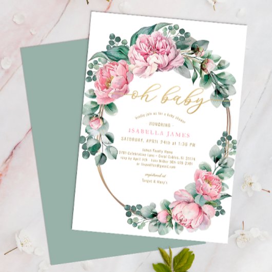 Oh Baby Pink und Gold Floral Girl Baby Dusche Invi Einladung