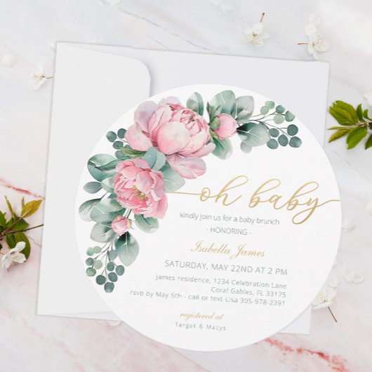 Oh Baby Pink und Gold Floral Greenery Girl Baby Sh Einladung